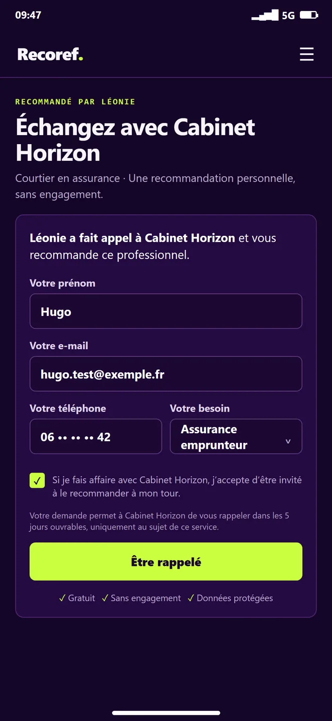 Formulaire où la personne recommandée demande à être rappelée