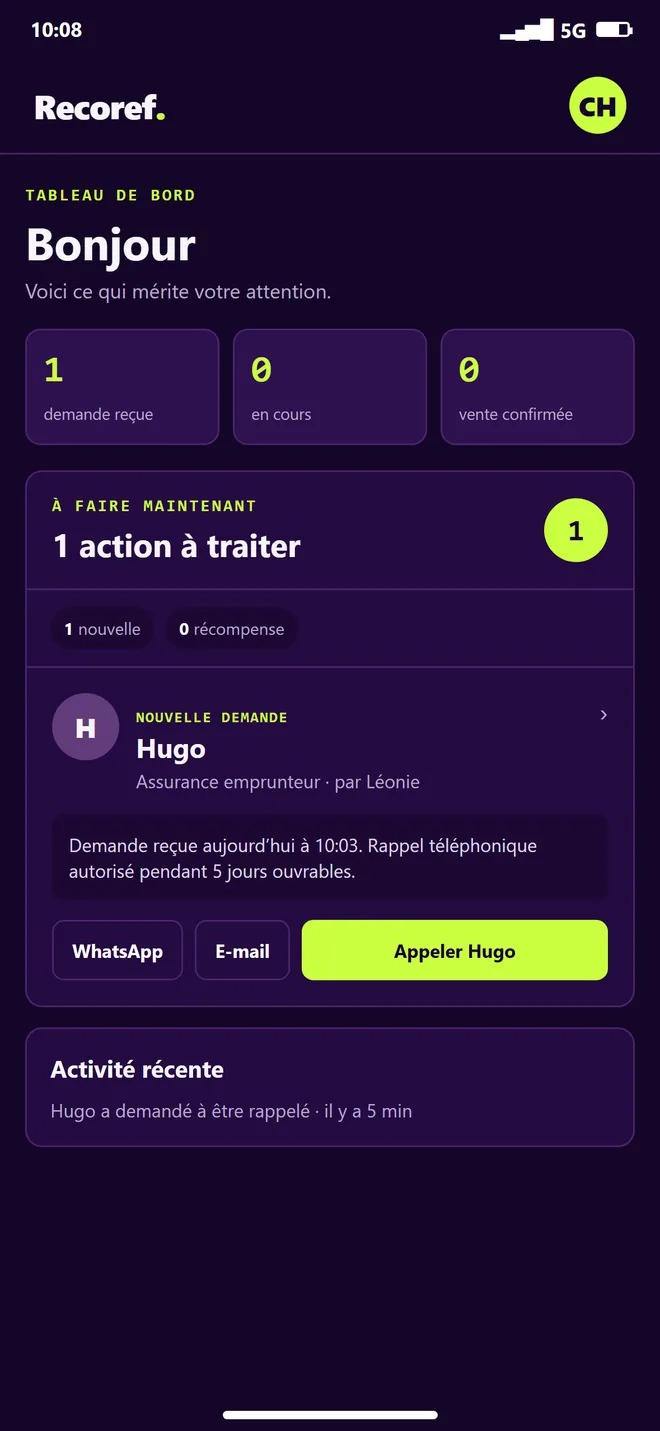Tableau de bord du professionnel avec la nouvelle demande